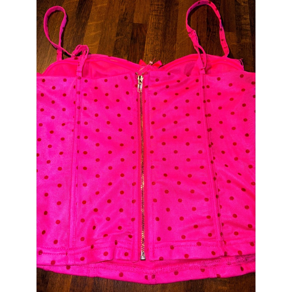 Pretty Garbage Neon Pink Red Polka Dot Corset Top Cami Zip Back Medium - Picture 4 of 5